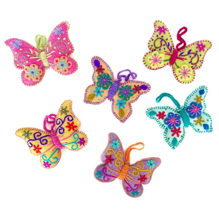 Colorful Butterfly Ornament handmade in Peru with vibrant embroidery and felt in assorted bright colors.