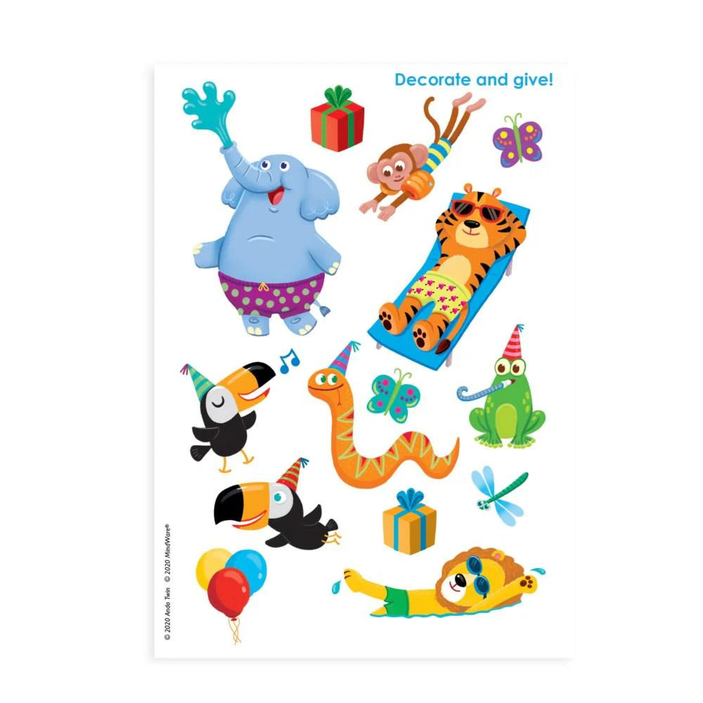 Decorate Your Own Party Animals Card with colorful animal stickers including elephant, tiger, monkey, and festive party elements.