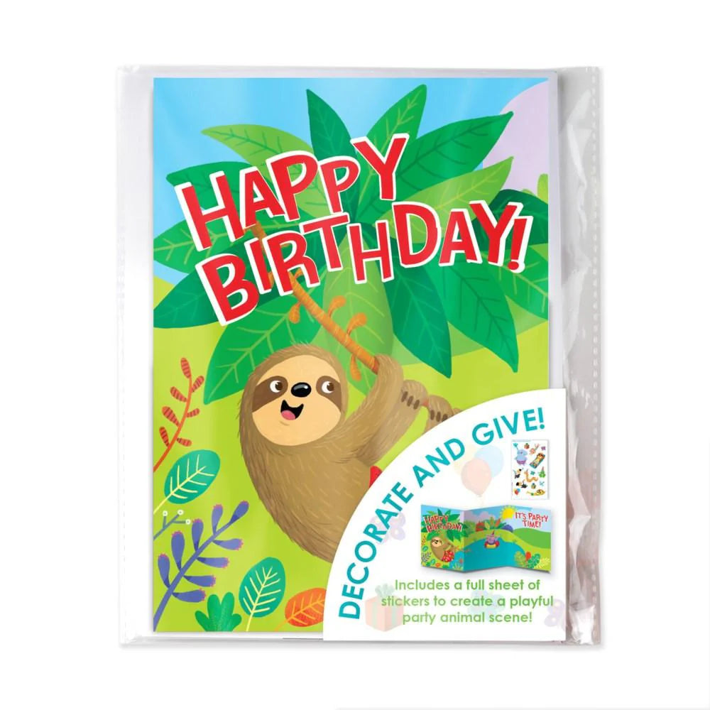 Decorate Your Own Party Animals Card with sloth design and full sheet of stickers for a playful birthday scene.