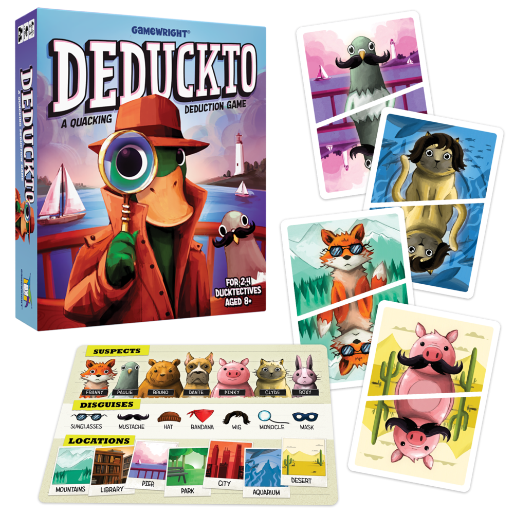 Deduckto game with animal suspects, disguises, and locations cards for fun deductive reasoning and strategy play.
