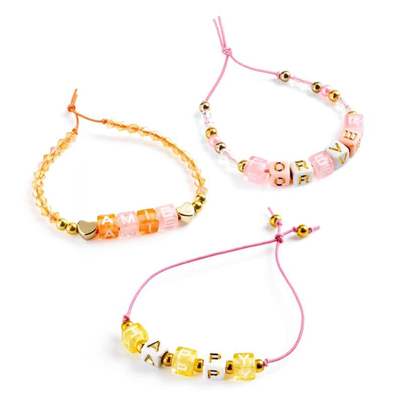 Alphabet Beads | Gold featuring pink, yellow, and white cube beads with gold letters on colorful elastic bracelets for kids.