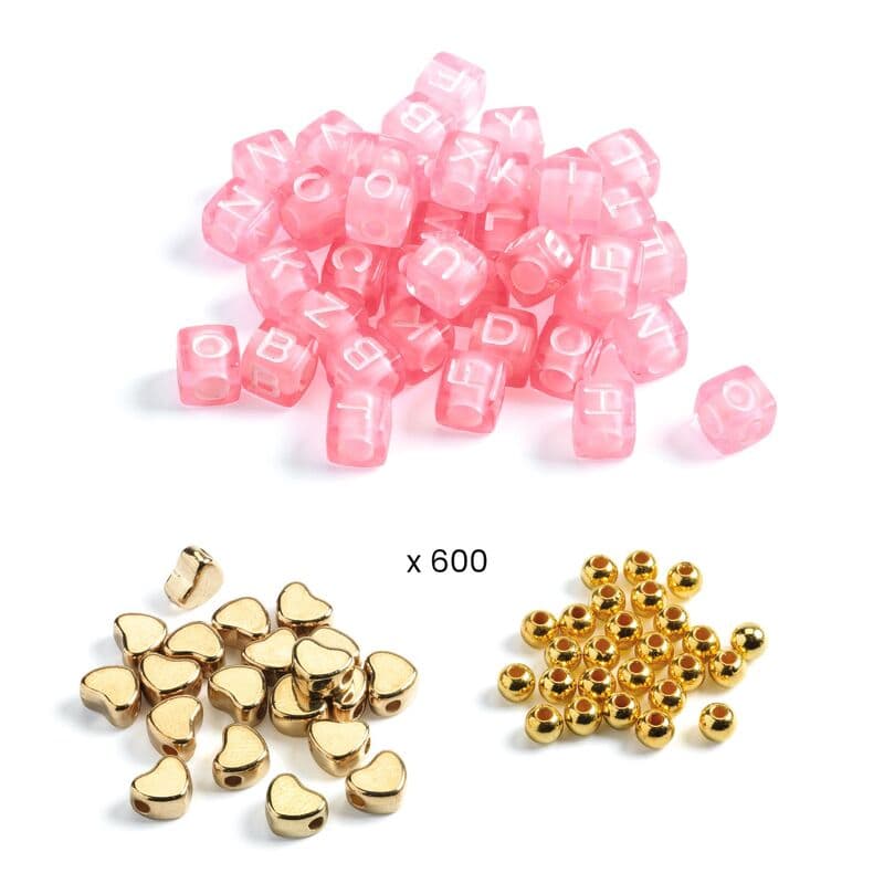 Alphabet Beads | Gold featuring pink alphabet cubes, gold heart-shaped beads, and small gold charm for DIY jewelry crafting.