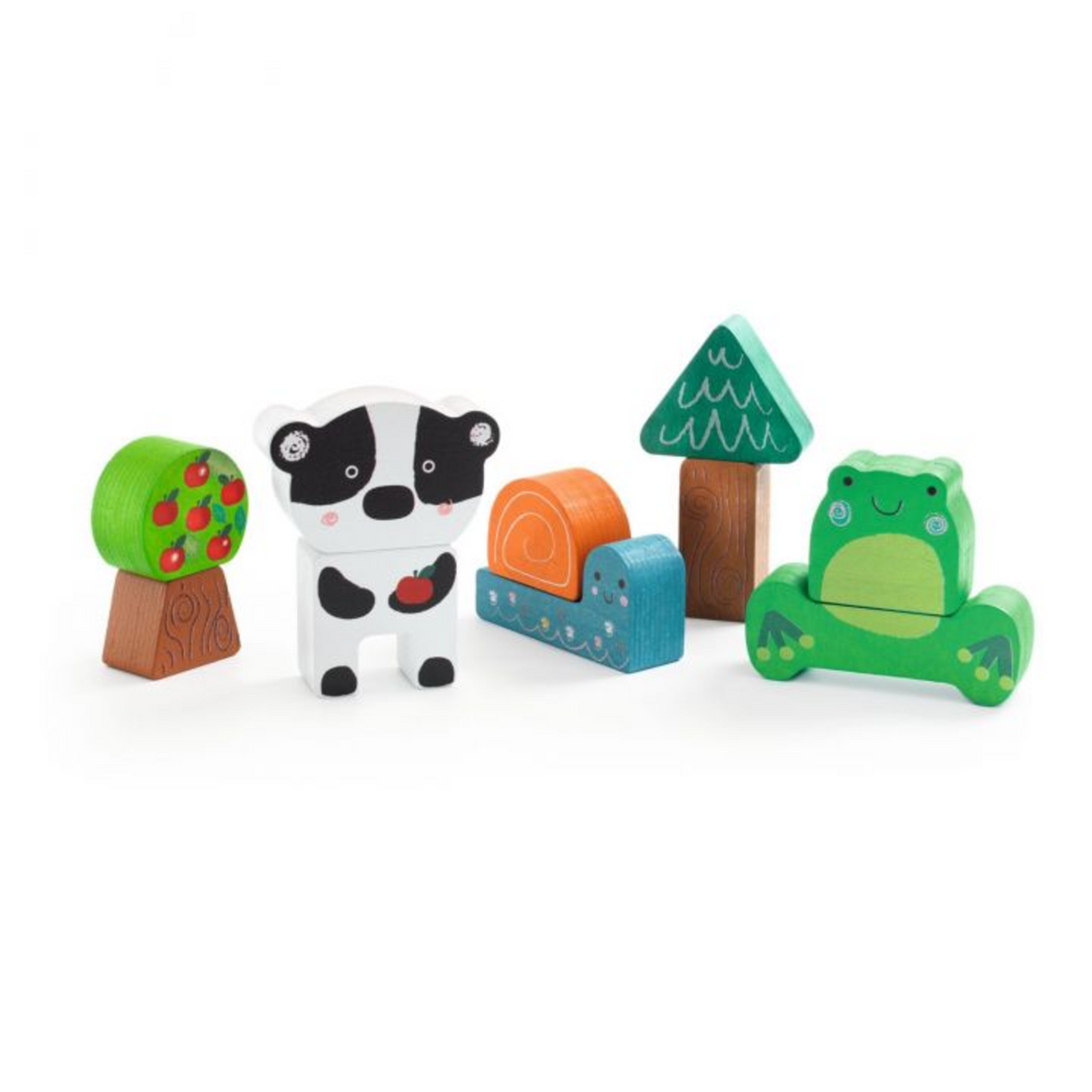 Puzz & Match Happy Puzzle wooden animal and tree pieces for stacking and creative play, suitable for children 18 months and up.