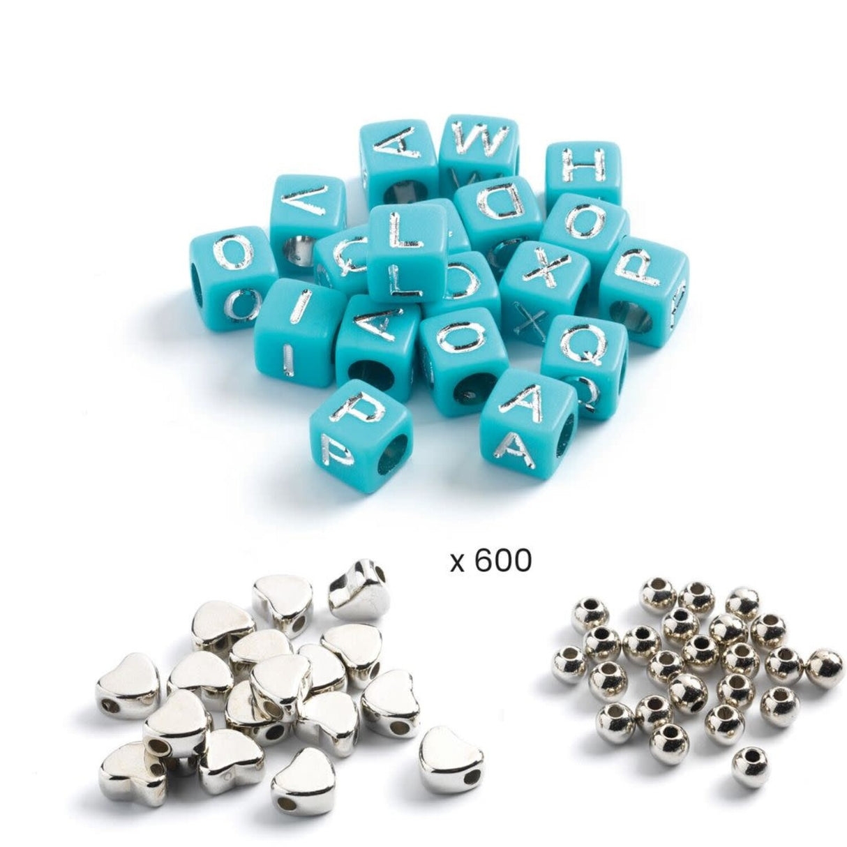 Alphabet Beads | Silver showing turquoise letter beads and shiny silver round and heart-shaped beads for jewelry making.