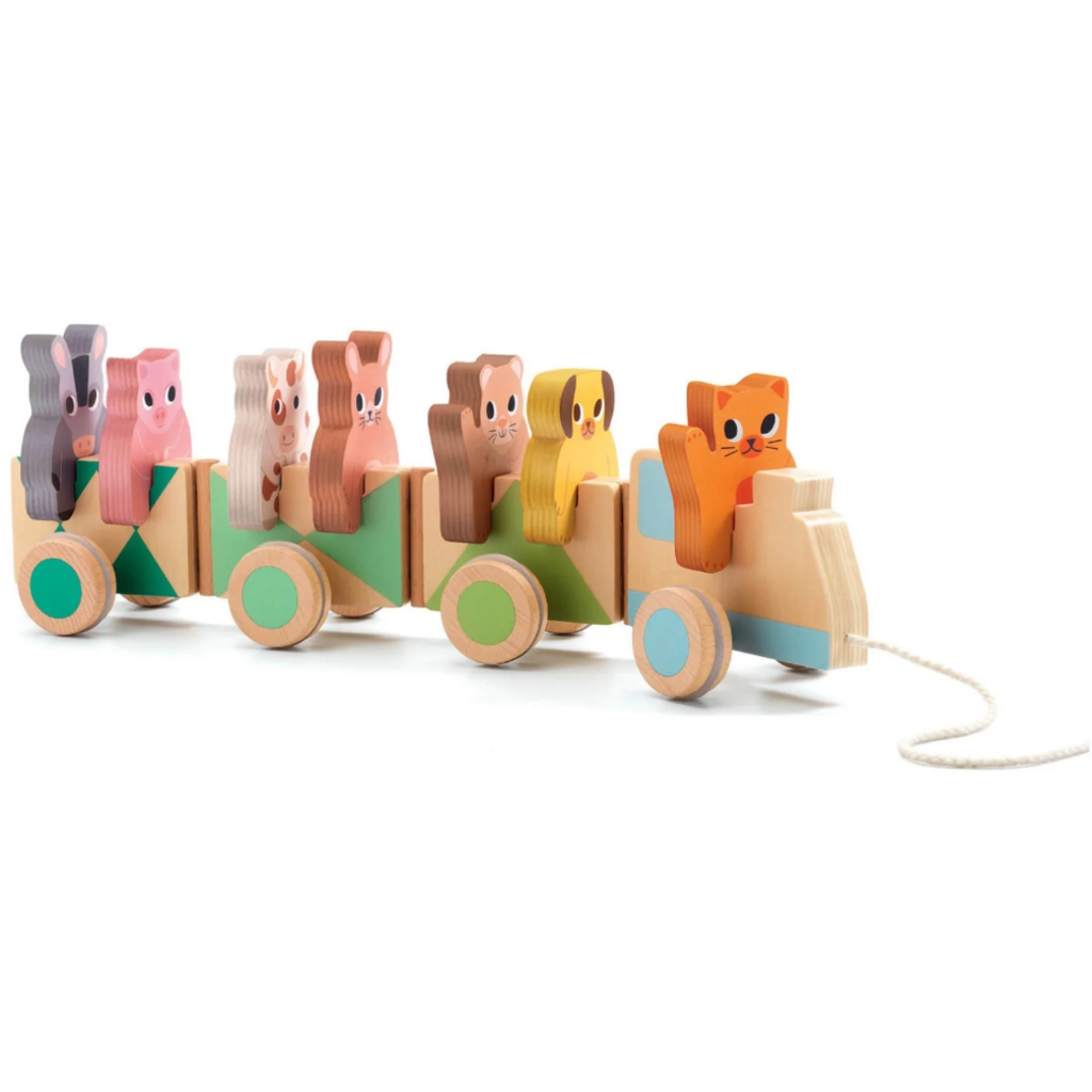 Trainimo Farm wooden pull-along train with colorful farm animal passengers for imaginative play and motor skills development.
