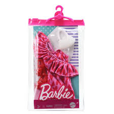 Barbie Fashion Accessories pack with pink ruffled dress and white top in clear hanging vinyl organizer bag.
