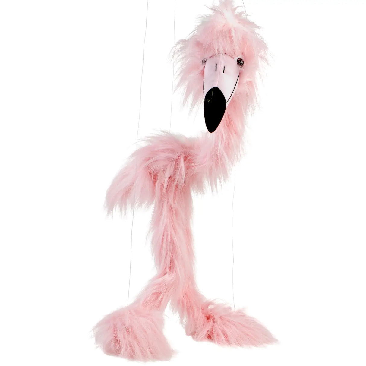 Marionette Large | Pink Flamingo jumbo pink string puppet with fluffy feathers and tangle-free control bar design.