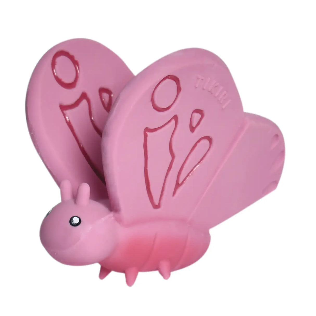 Organic Rubber Teether Rattle | Butterfly in pink, made from natural rubber with enclosed rattle for babies.