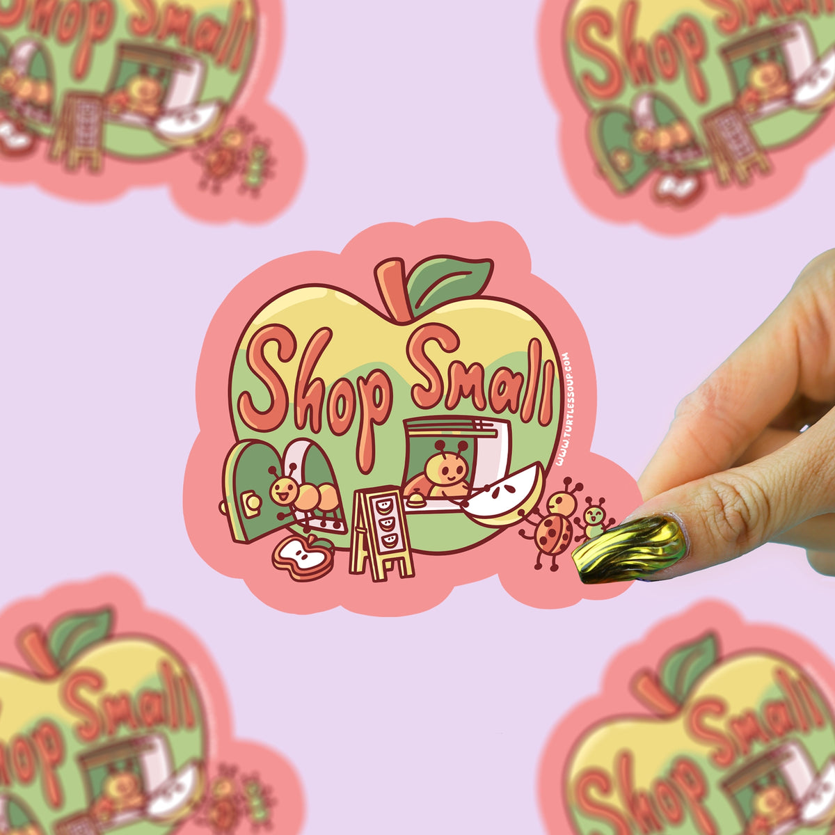 Shop Small Sticker with colorful hand drawn lettering and playful shop themed illustrations