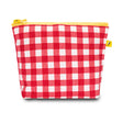 Small red and white gingham pouch with yellow zipper, perfect for organizing tiny essentials like keys and earbuds.