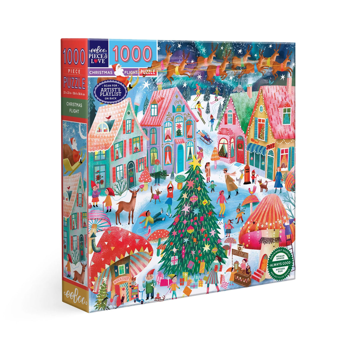 1000pc Christmas Flight Puzzle featuring a colorful snowy village with a decorated tree and flying reindeer