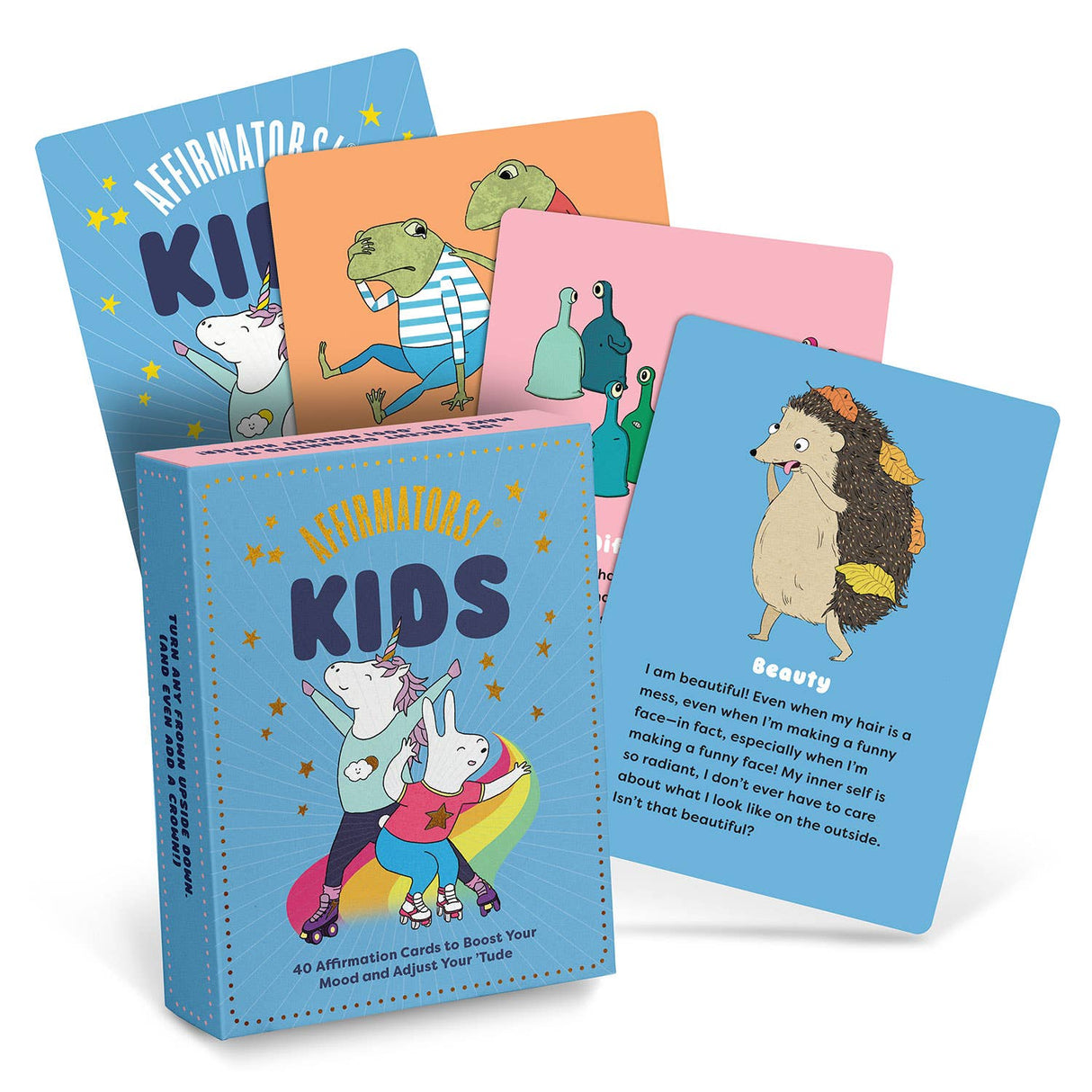Colorful kids affirmation deck packaging with illustrated positive cards featuring animals and encouraging messages