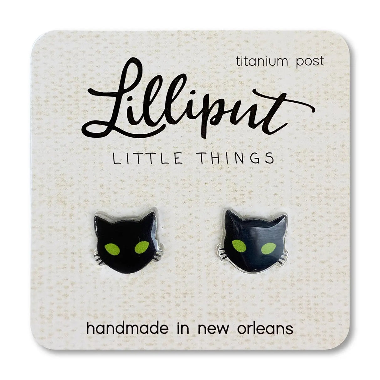 Black Cat Earrings featuring hypoallergenic titanium posts, vibrant waterproof print, handmade in New Orleans.