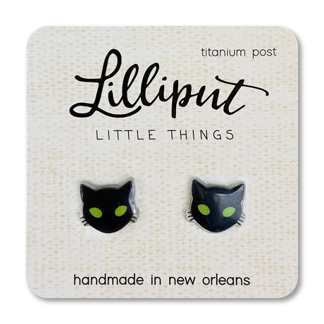 Black Cat Earrings featuring hypoallergenic titanium posts, vibrant waterproof print, handmade in New Orleans.