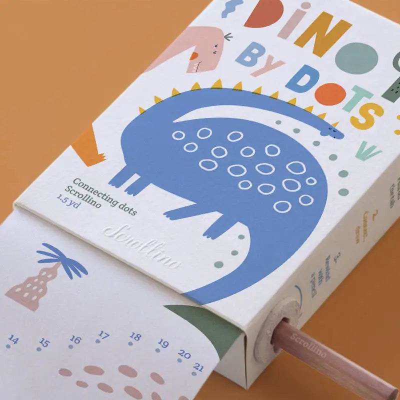 Scrollino Coloring Book & Dot to Dot | Dino with illustrated dinosaurs and natural wood pencil for connecting dots.