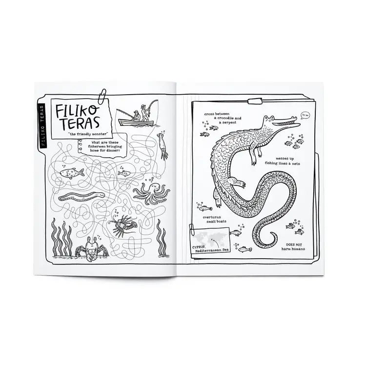 Open black and white activity book pages featuring a friendly sea monster puzzle and a detailed drawing of a Filiko Teras cryptid.