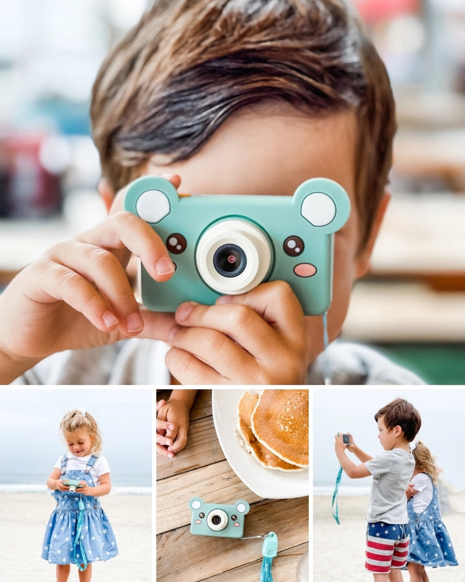Child holding Digital Camera Model C Mikayo the Bear with bear-shaped silicone case playing outdoors.