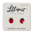 Ladybug Earrings with red and black design on titanium posts, handmade in New Orleans, lightweight and hypoallergenic.