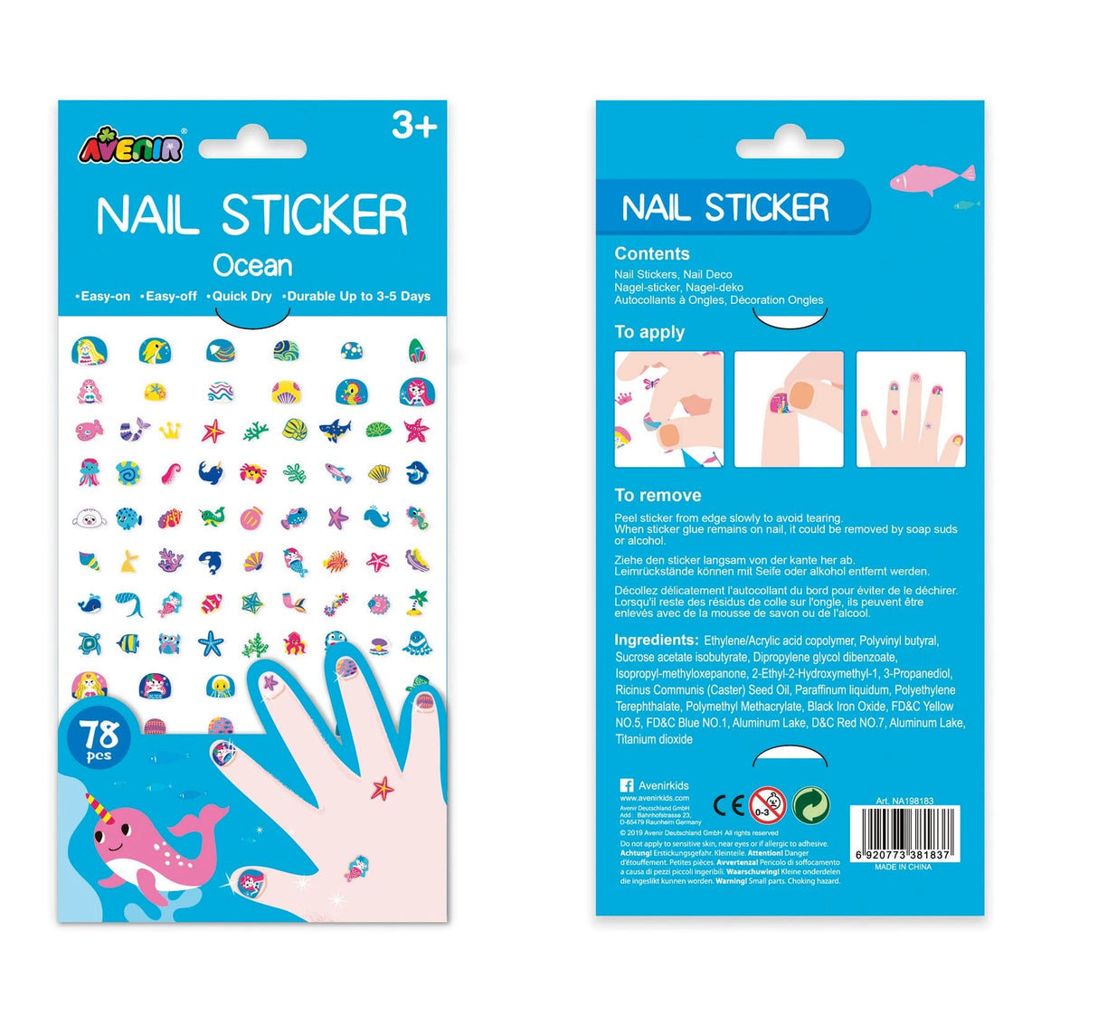 Colorful ocean-themed nail stickers for kids featuring fish, seashells, and sea creatures on a blue background