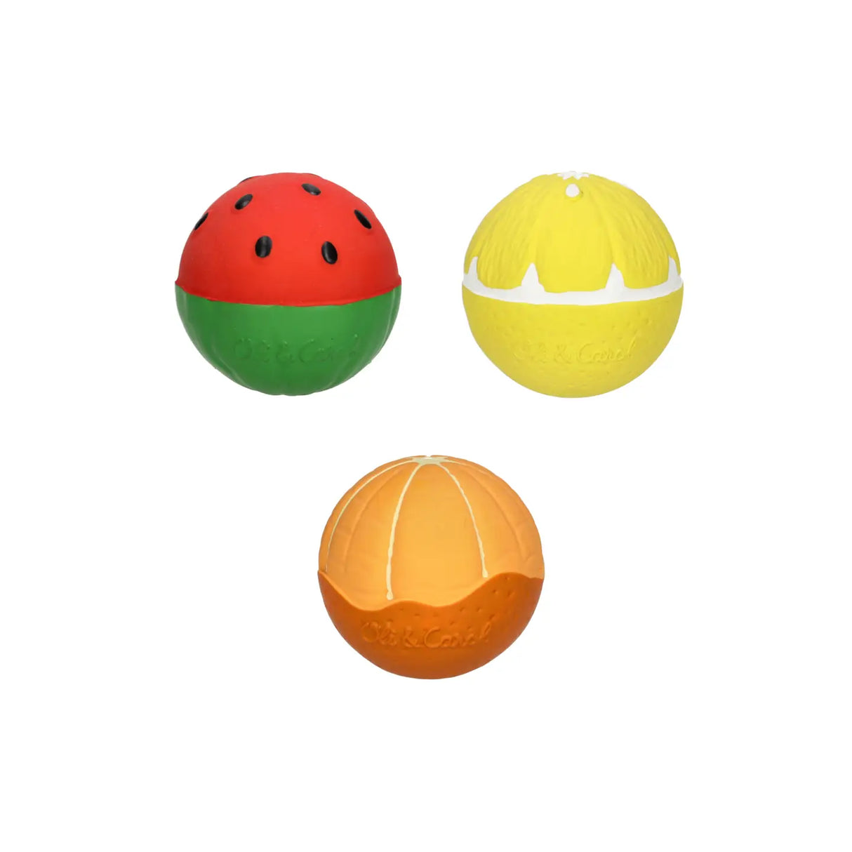 Three colorful sensory balls shaped like watermelon, lemon, and tangerine for baby teething and play