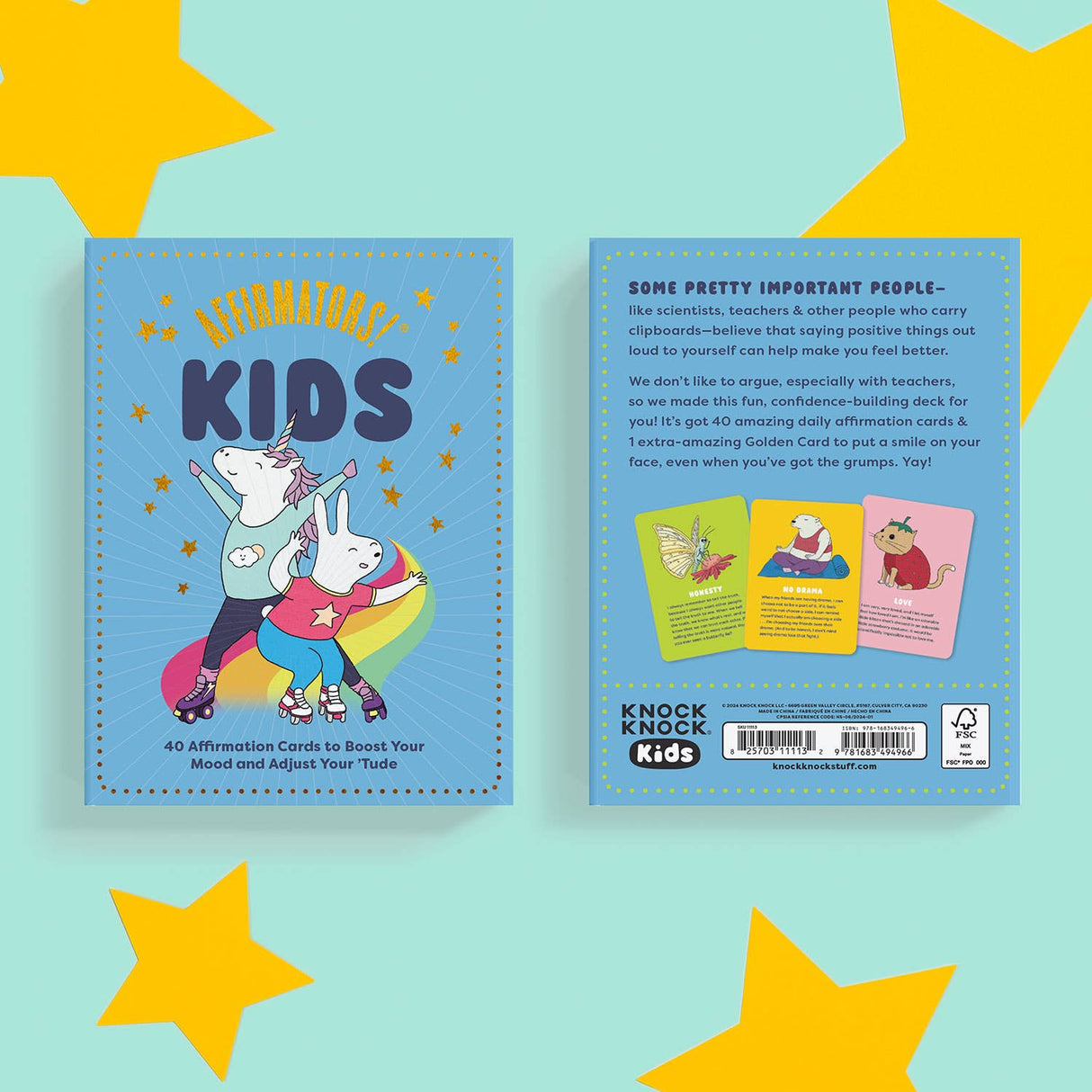 Front and back of a colorful kids affirmation card deck with playful animal illustrations and encouraging text on a blue background.