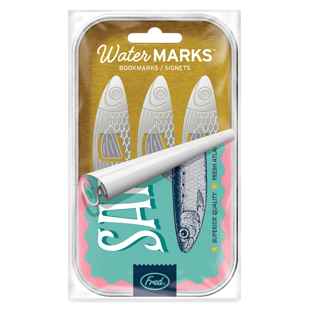 Water Marks Bookmarks package with three fish shaped bookmarks and colorful aquatic artwork