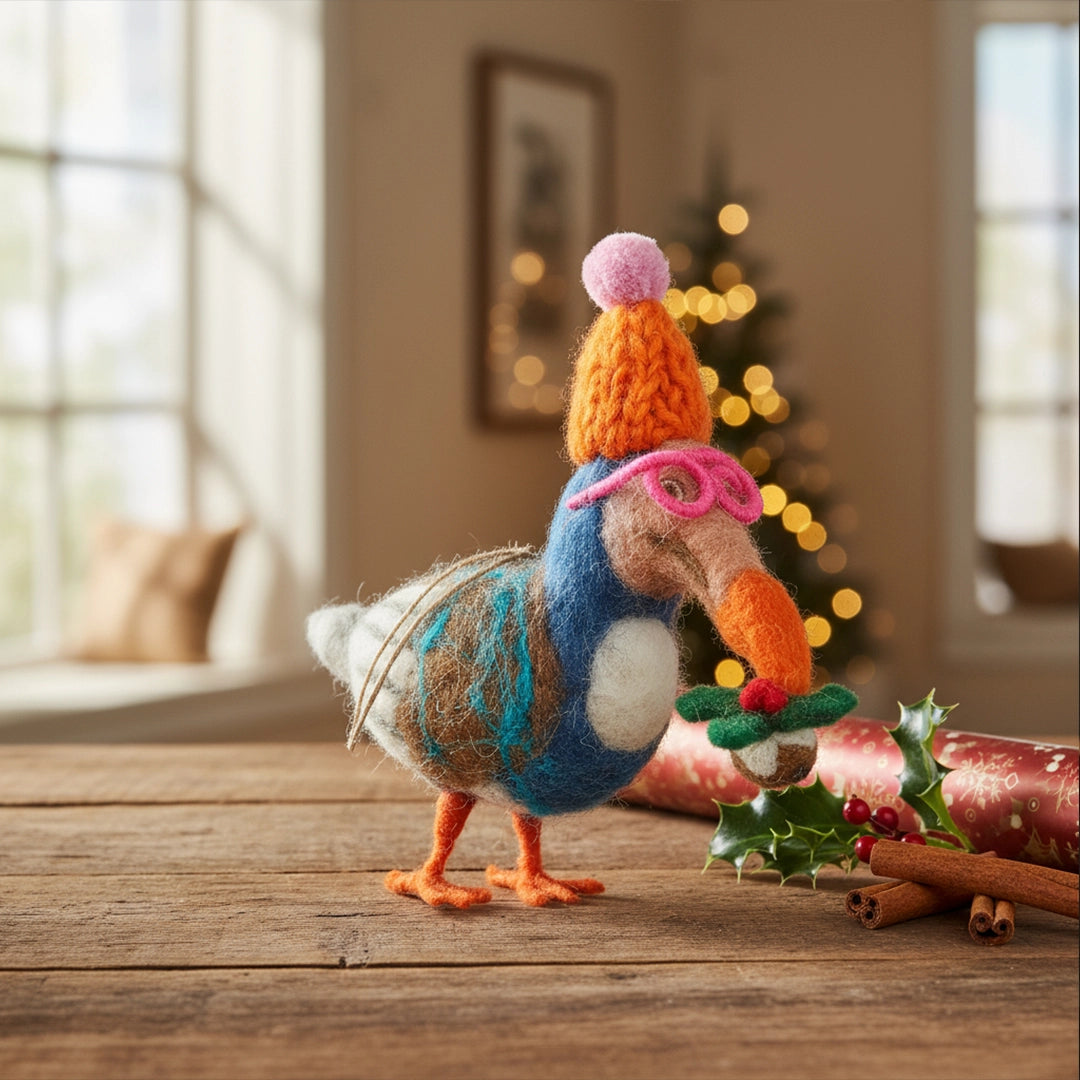 Colorful felt dodo ornament wearing a neon orange hat and pink glasses holding a wreath on a wooden table with festive decor