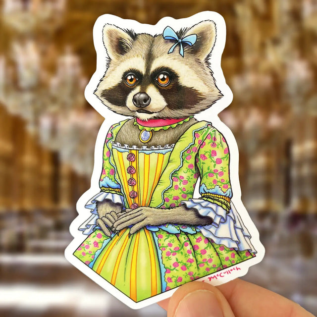 Marie Antoinette Raccoon Sticker featuring a raccoon in an ornate 18th-century dress by Ryan McCulloch.