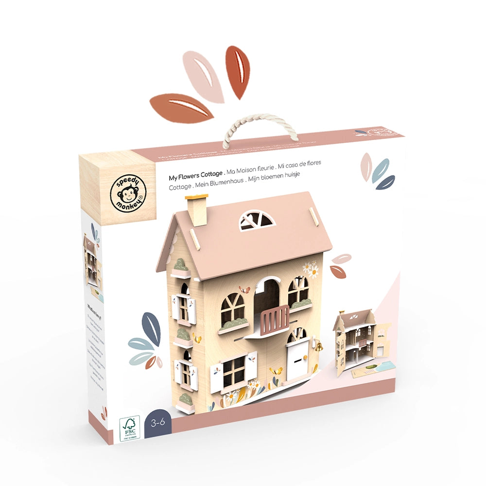 Wooden Flowers Cottage dollhouse for kids with pastel colors and charming details, includes starter furniture and character figure