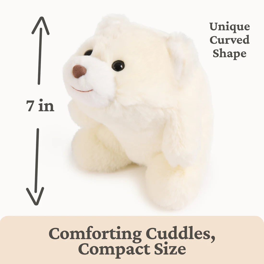 Soft white plush dog with a unique curved shape, measuring 7 inches, designed for comforting cuddles on the go