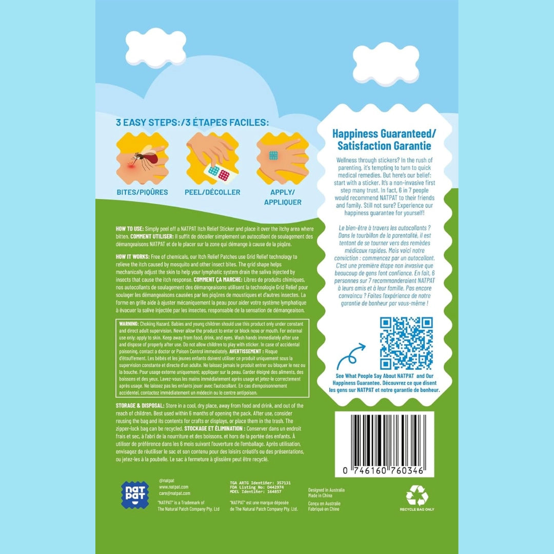 Natpat | Magicpatch Natural Itch Relief Stickers packaging showing usage steps and product benefits for bug bite relief.