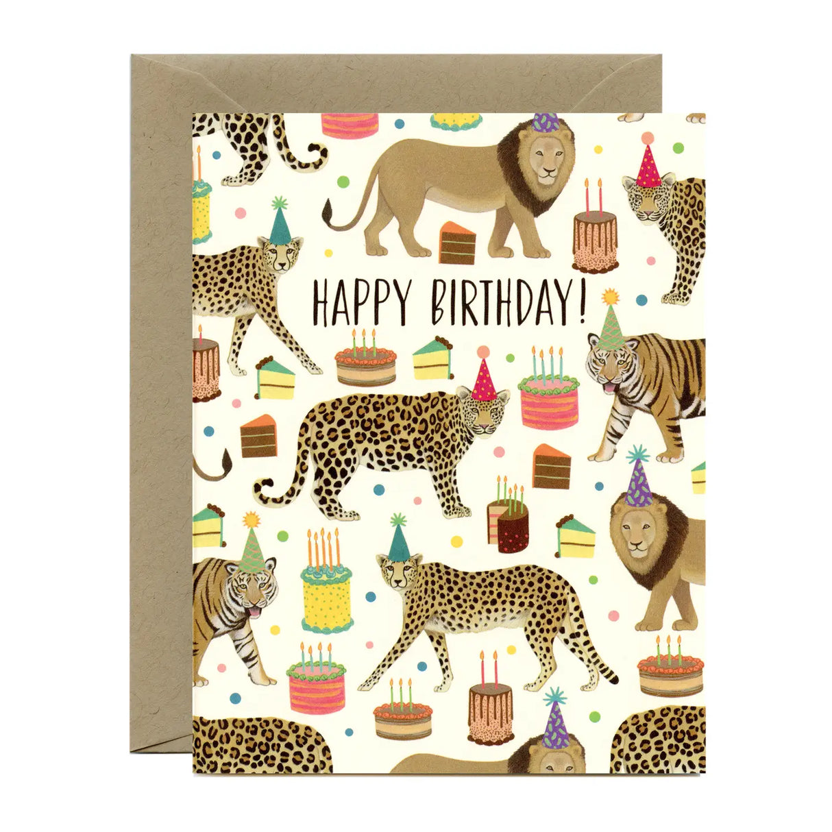 Big Cat Birthday Card featuring lions, tigers, cheetahs with cakes and party hats on recycled paper.