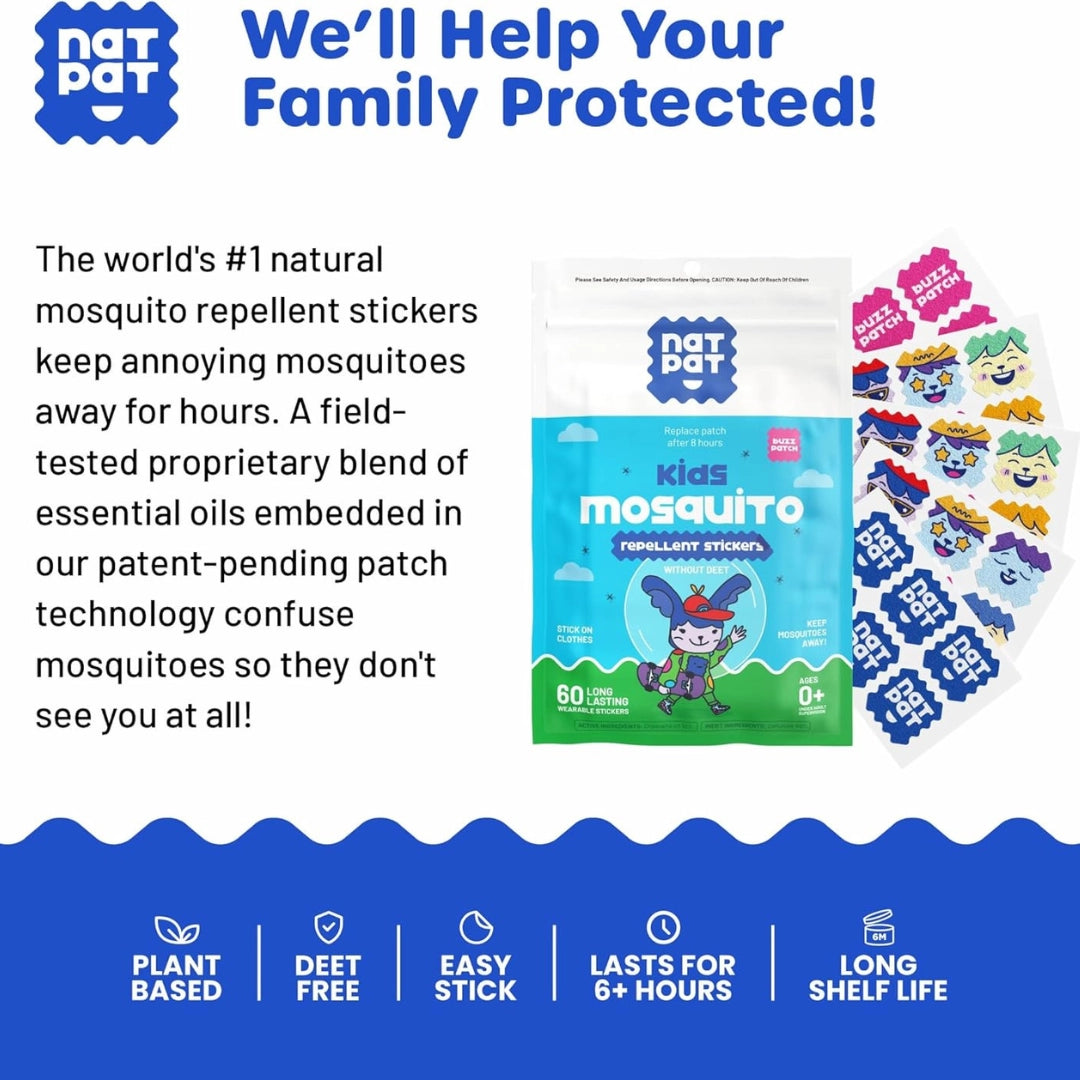 Natpat | Buzzpatch Mosquito & Insect Repellent Stickers with natural essential oils, deet-free, easy stick, lasts 6+ hours.