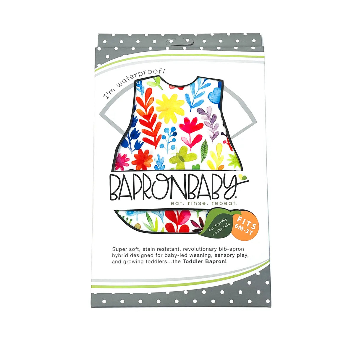 Bapron | Rainbow Watercolor 6M-3T baby bib-apron with colorful floral design, waterproof and stain resistant for toddlers.