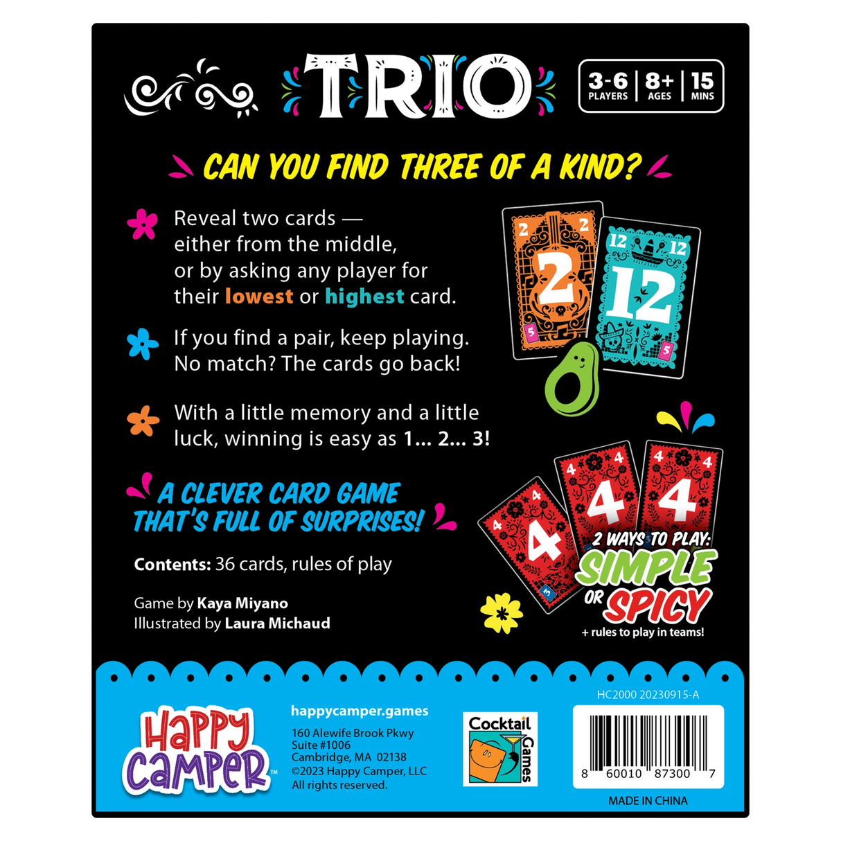 Trio card game packaging showing rules for 3-6 players, ages 8+, quick 15-minute play with colorful cards and instructions.
