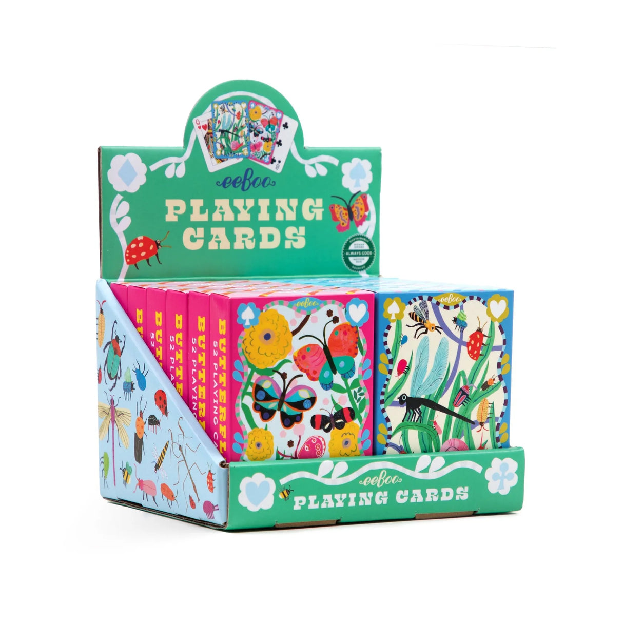 Colorful playing card sets featuring butterflies, dragonflies, bees, and beetles in floral and garden designs by Monika Forsberg