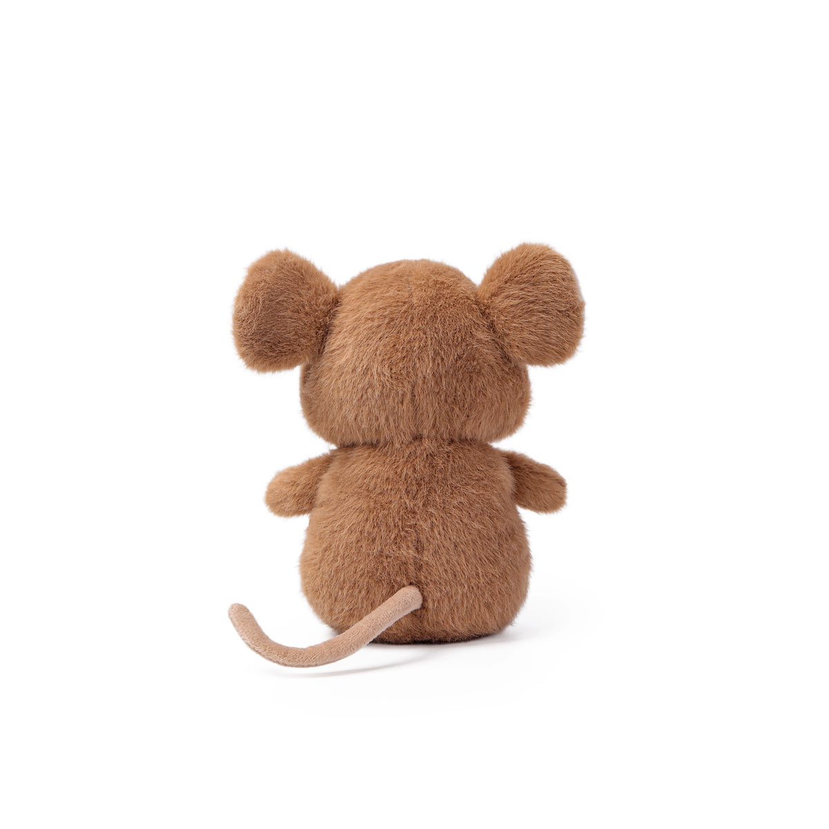 Brown plush mouse seen from behind with round ears and a long curved tail