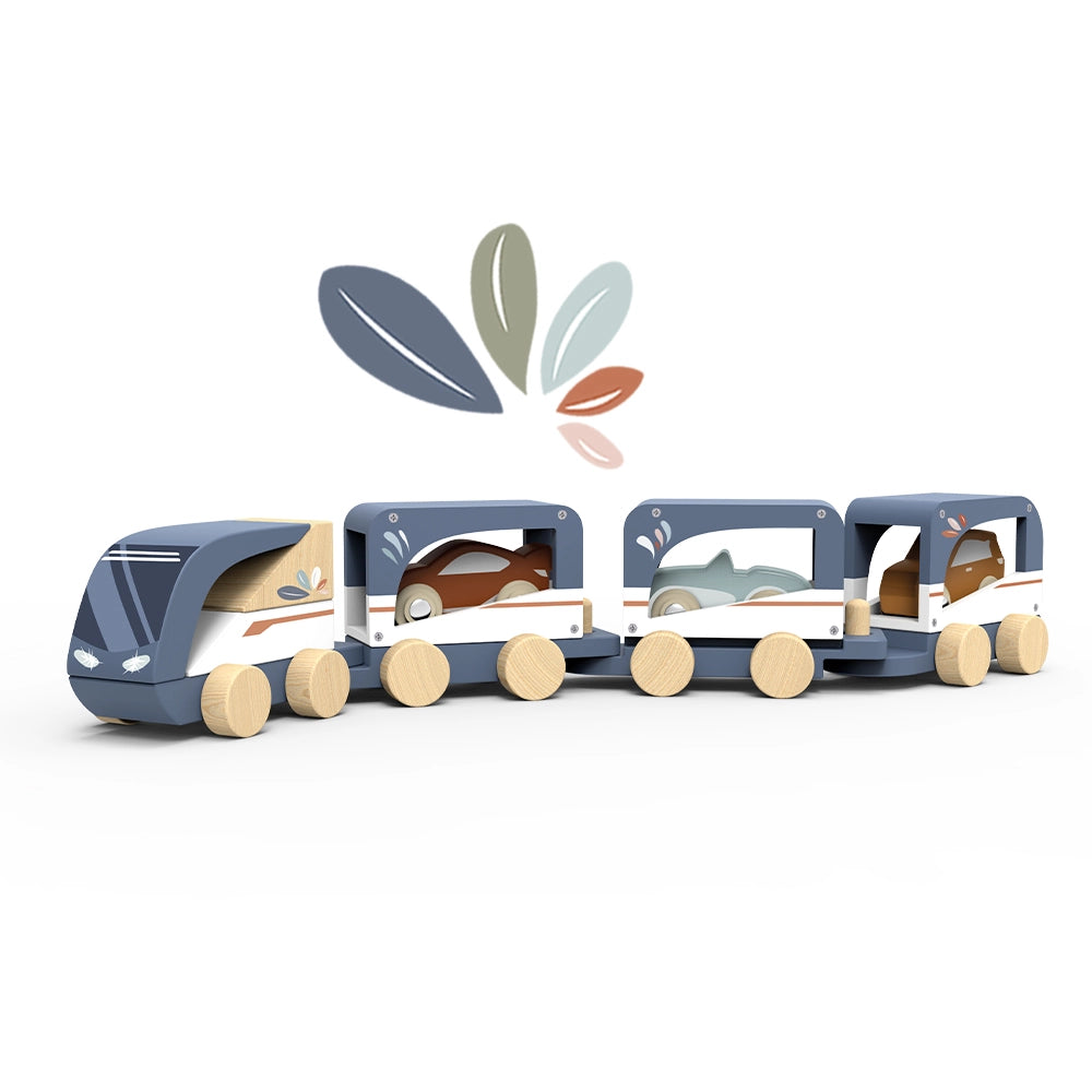 Wooden toy train vehicle carrier with colorful animal-shaped cars designed for toddlers to encourage creativity and motor skills.