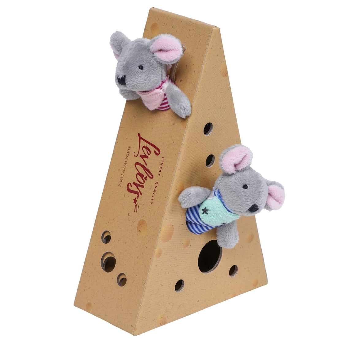 Two soft plush baby mice peeking out of playful cheese-shaped box toy for imaginative playtime.
