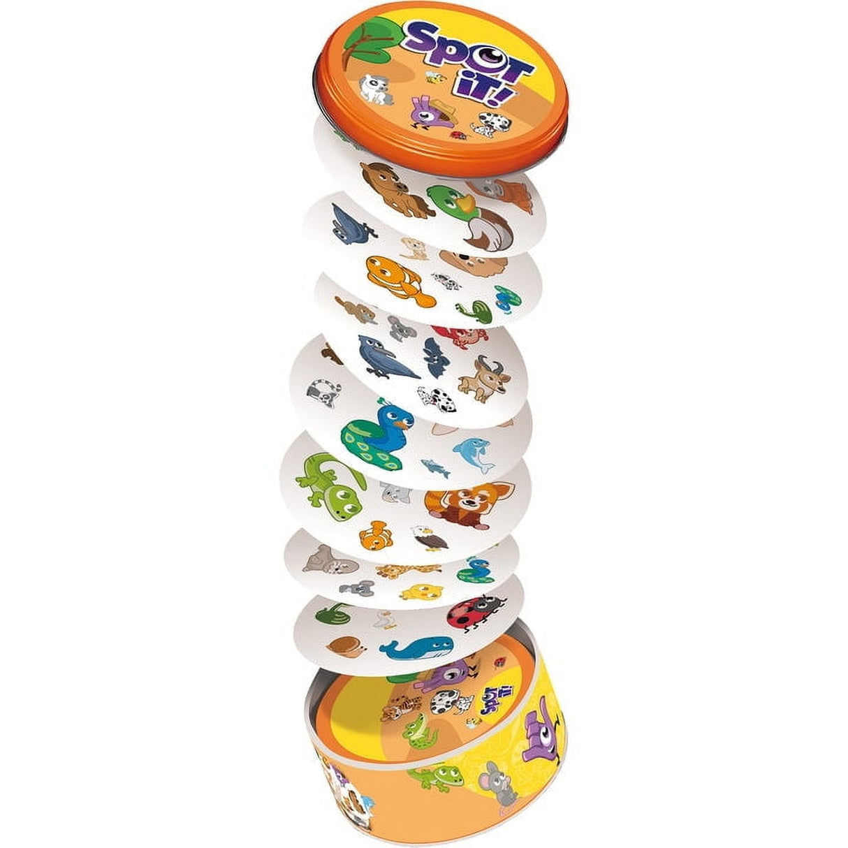 Stack of colorful Spot It Jr Animals game cards with various animal illustrations and an orange tin container lid above and below.