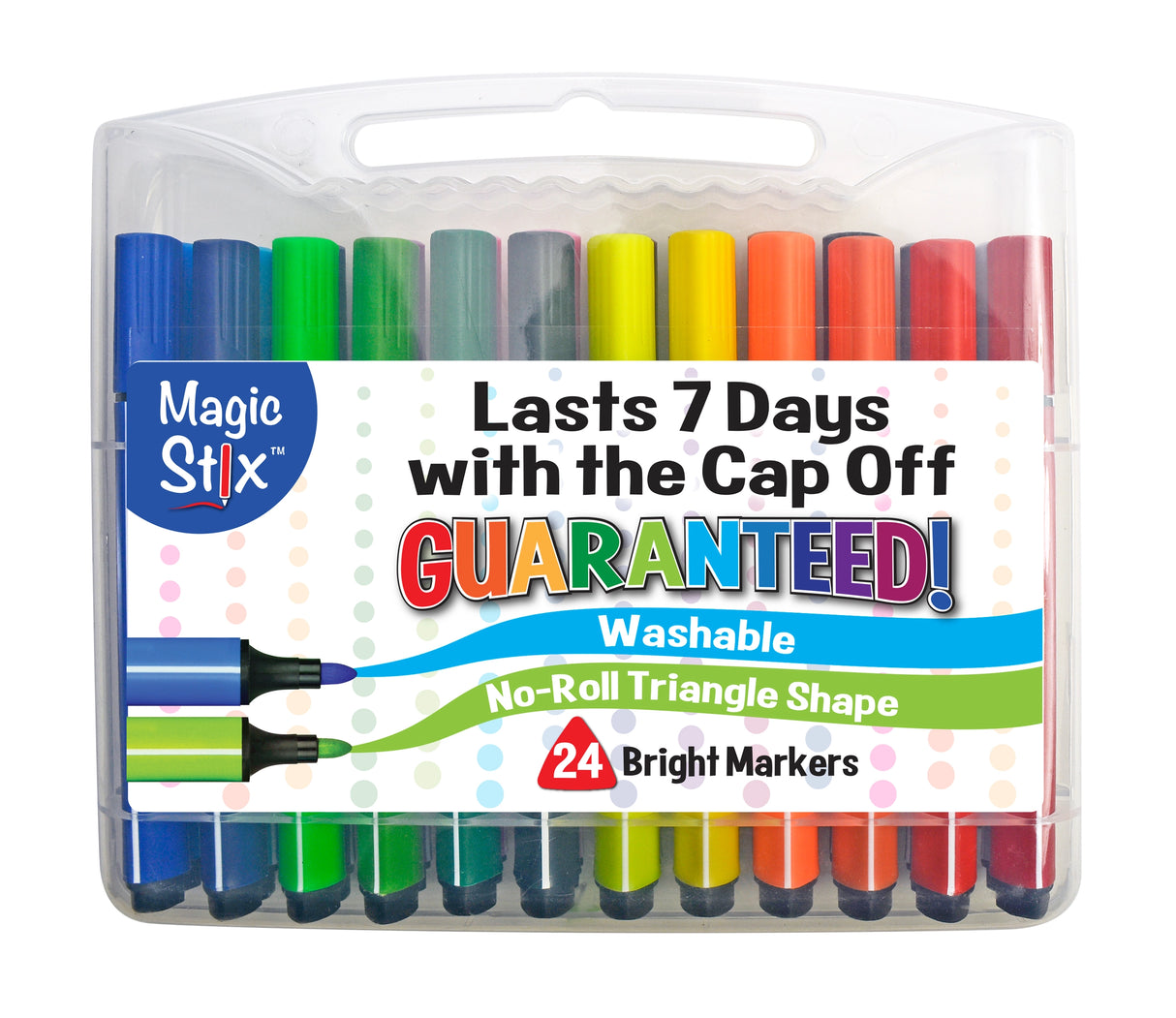 Magic Stix Markers 24pc with easy-grip, no-roll triangular shape, washable and bright colors lasting 7 days uncapped.