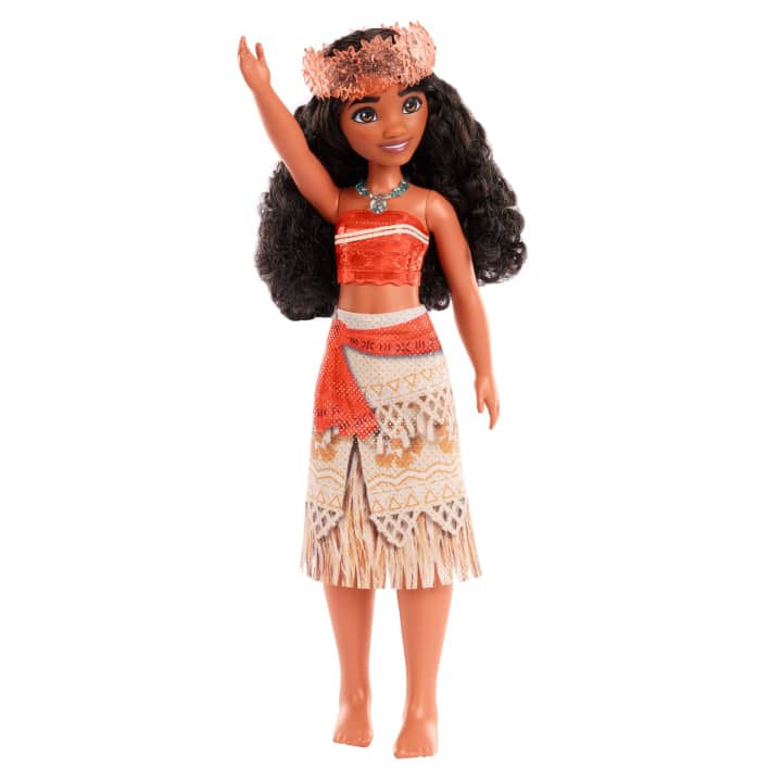 Disney Princess Moana doll with long curly hair, signature outfit, removable necklace, and headband for imaginative play.