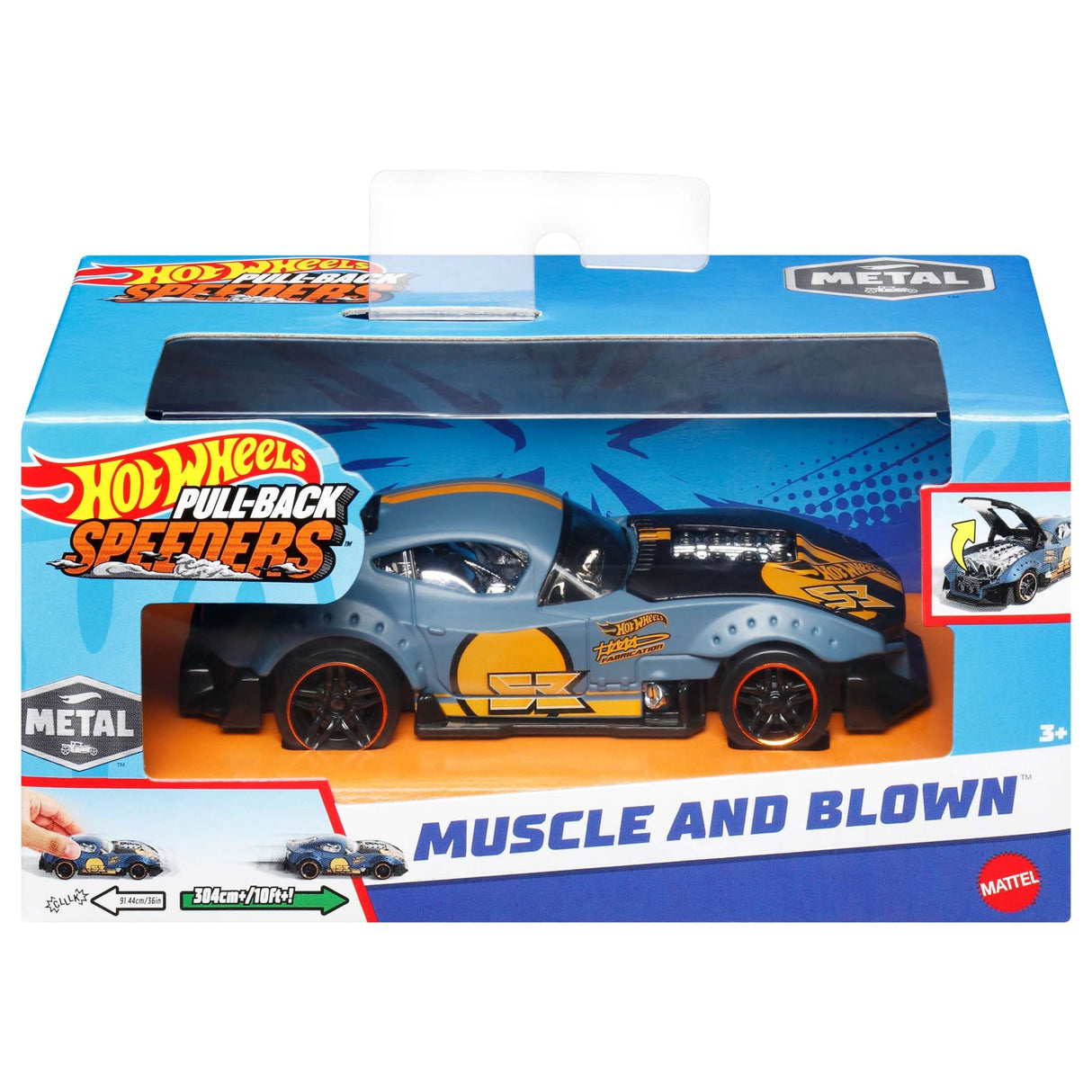 Hot Wheels Pullback Speeders die-cast muscle car with pullback action, detailed engine, and authentic decals in packaging.