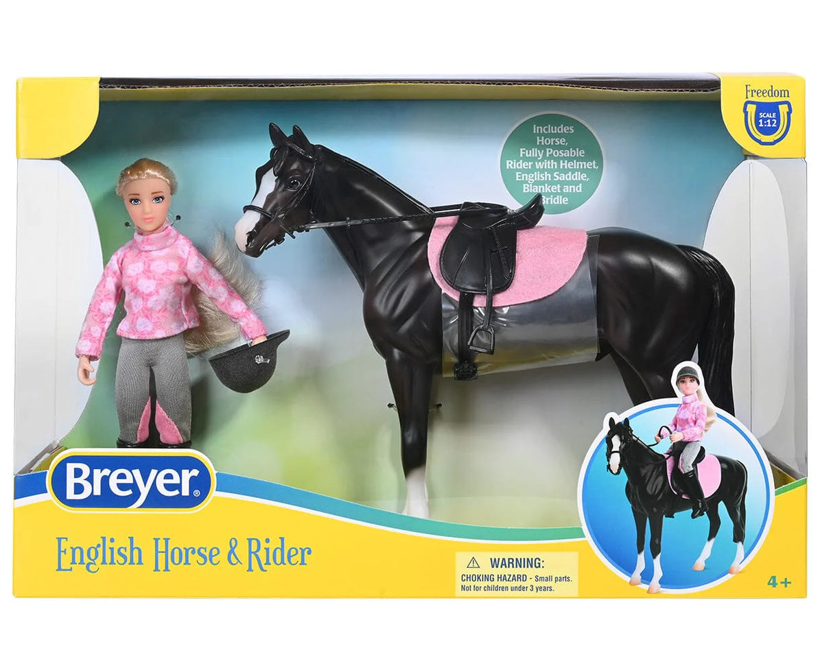 English Horse & Rider set with a posable rider in pink gear and a dark seal bay horse with English saddle and bridle.