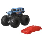Hot Wheels Monster Truck 1:64 scale die-cast blue truck with giant tires and a red crushable car accessory.