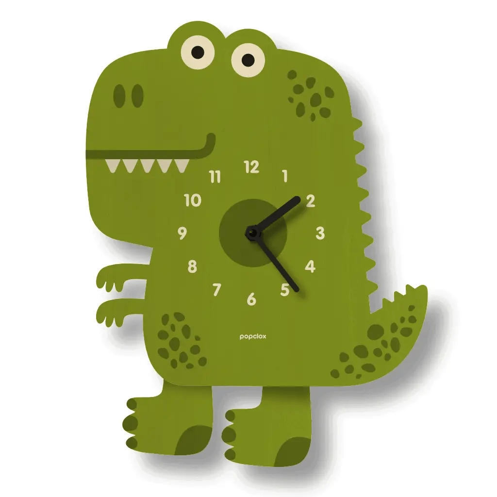 Wood Pendulum Clock Dinosaur in natural wood finish with silent quartz movement and playful dinosaur design.