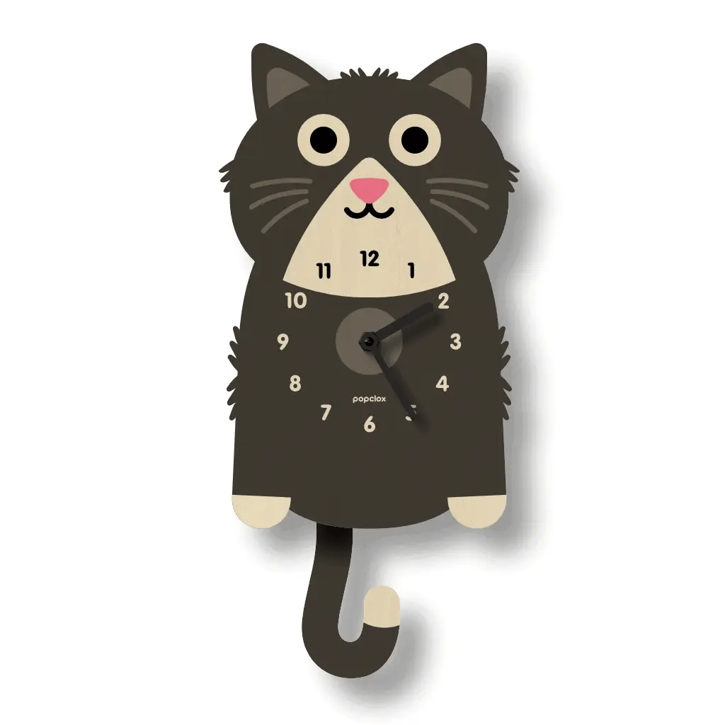 Wood Pendulum Clock | Kitten features a playful cat design with silent quartz movement and natural wood finish.