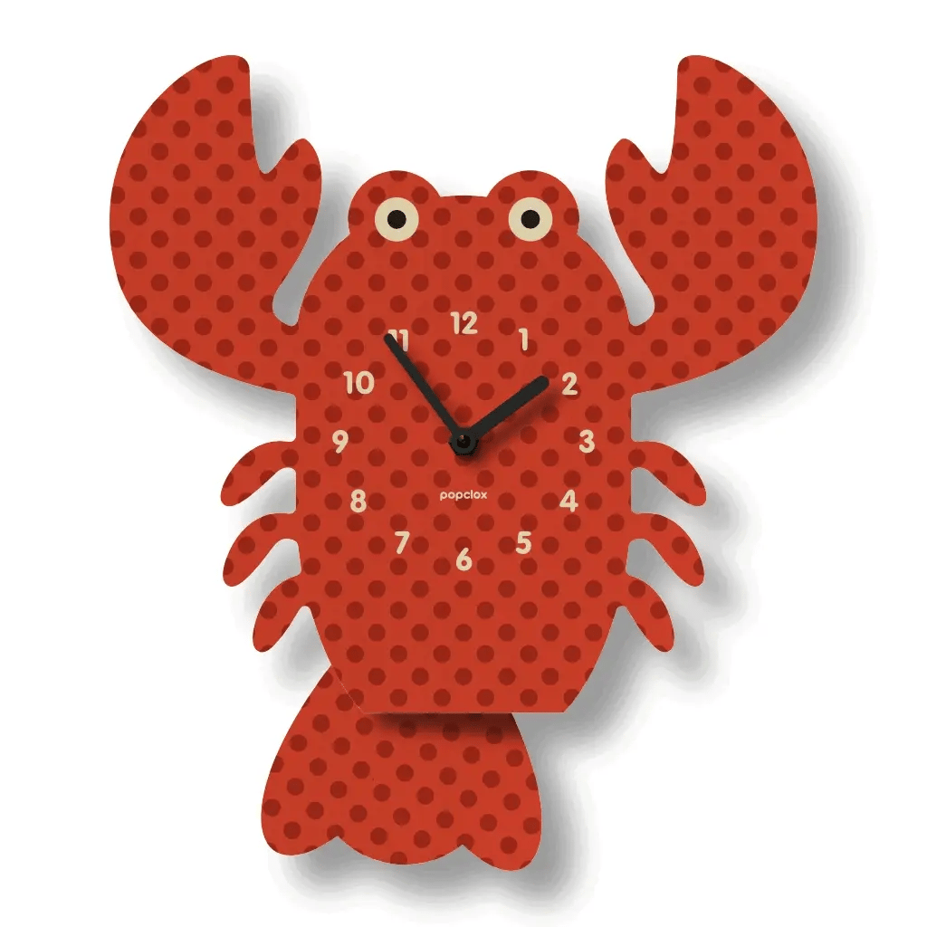 Wood Pendulum Clock | Lobster shaped red polka dot design with silent quartz movement and natural wood finish.