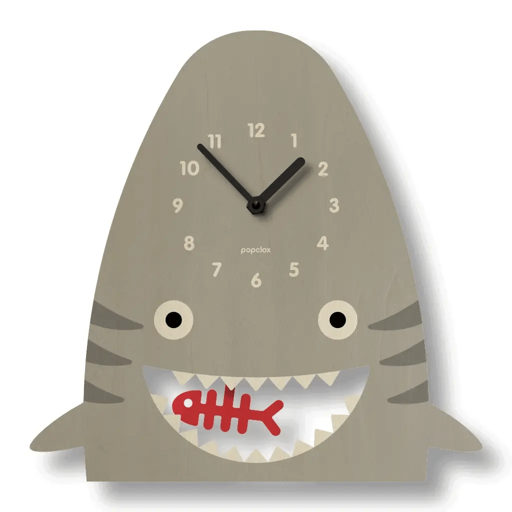 Wood Pendulum Clock | Shark with natural wood finish and silent quartz pendulum movement, featuring a fun shark design.
