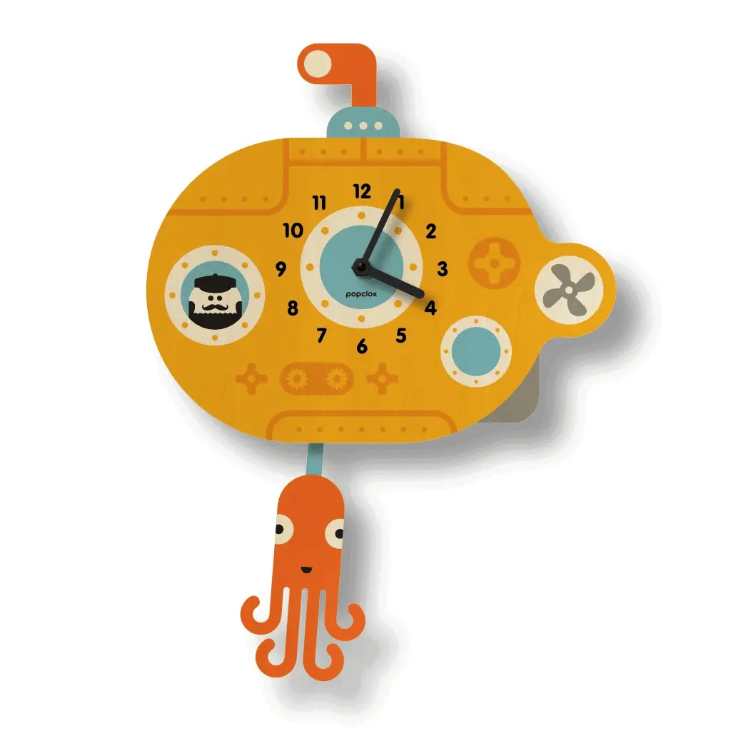 Wood Pendulum Clock | Submarine features a playful yellow submarine design with a swinging orange octopus pendulum.